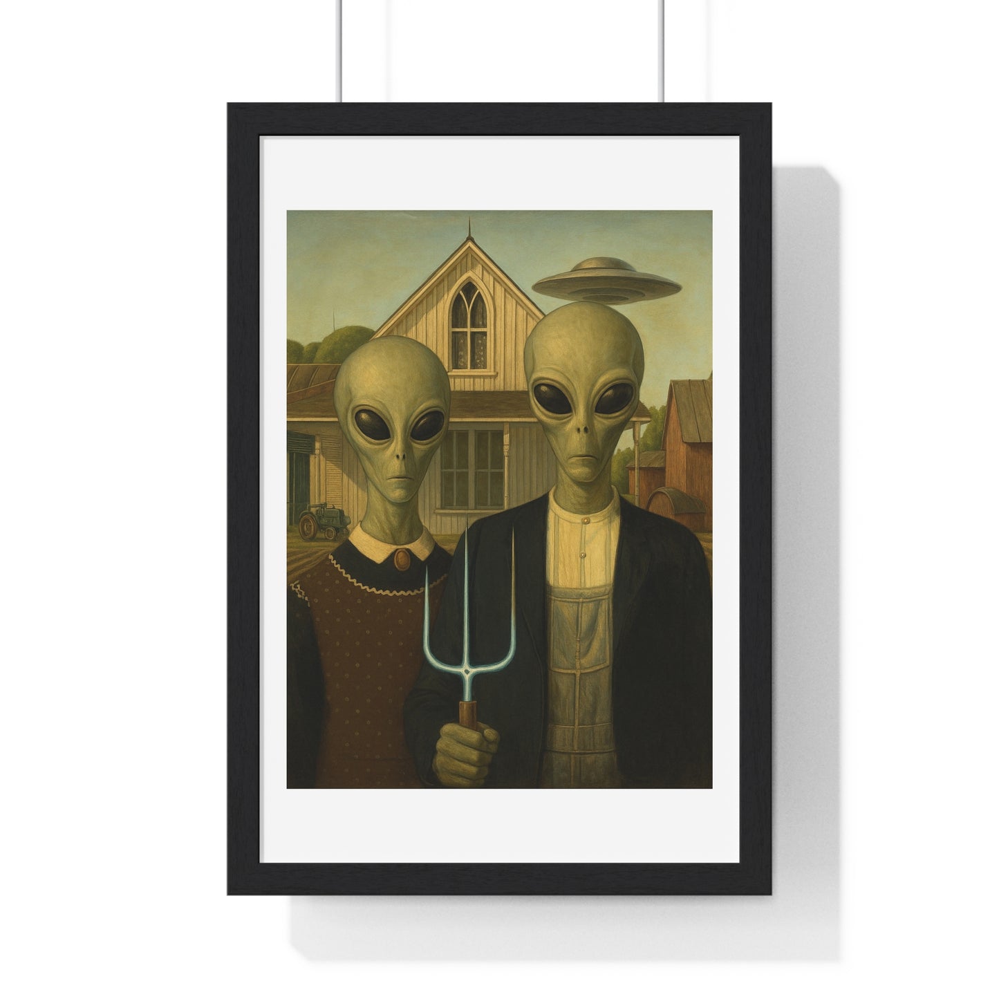 American Gothic Remixed, Midwestern American Aliens 'Designed by AI', Framed Art Print