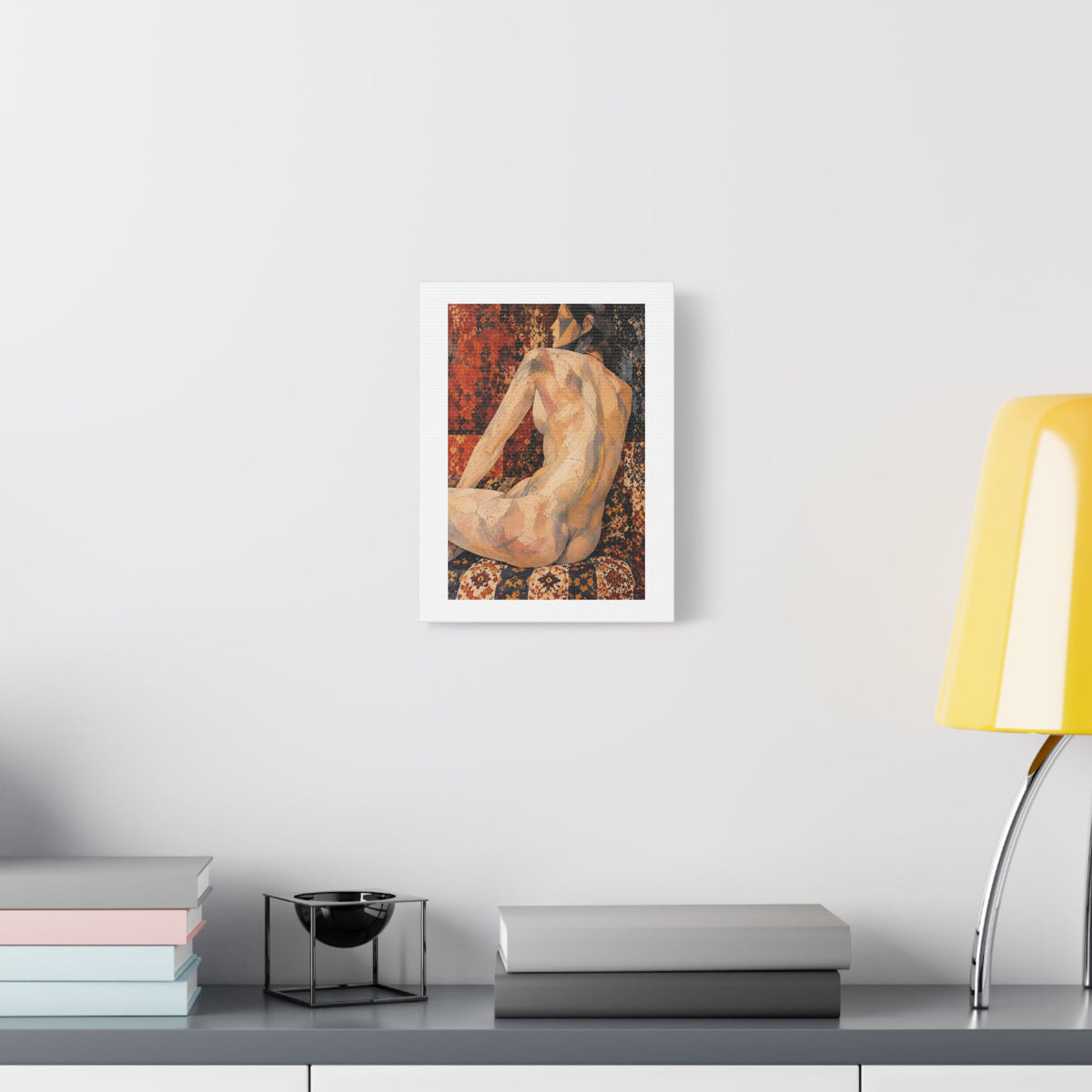 Abstract Mosaic Nude on Ornate Tapestry, Art Print on Satin Canvas, Stretched