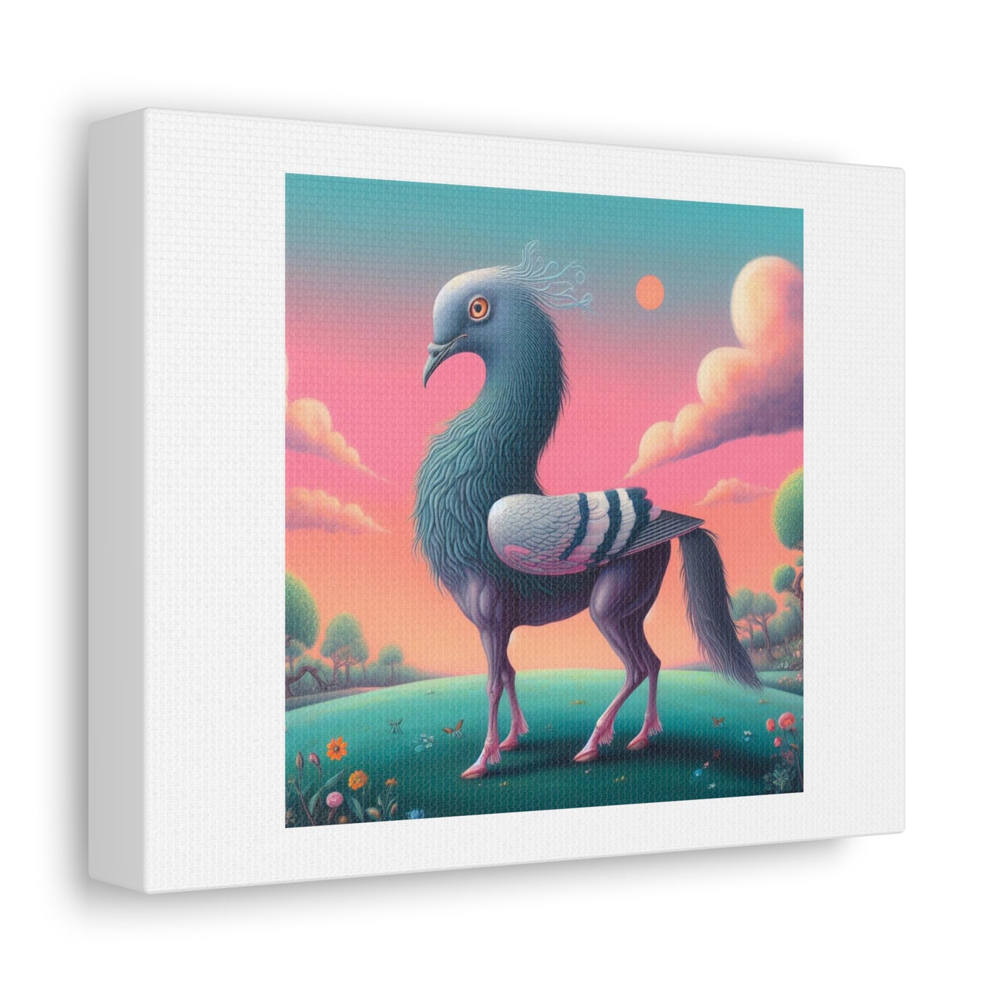 Pigeon With The Head and Body of a Horse Absurdist Art Print ' Designed by AI' on Satin Canvas