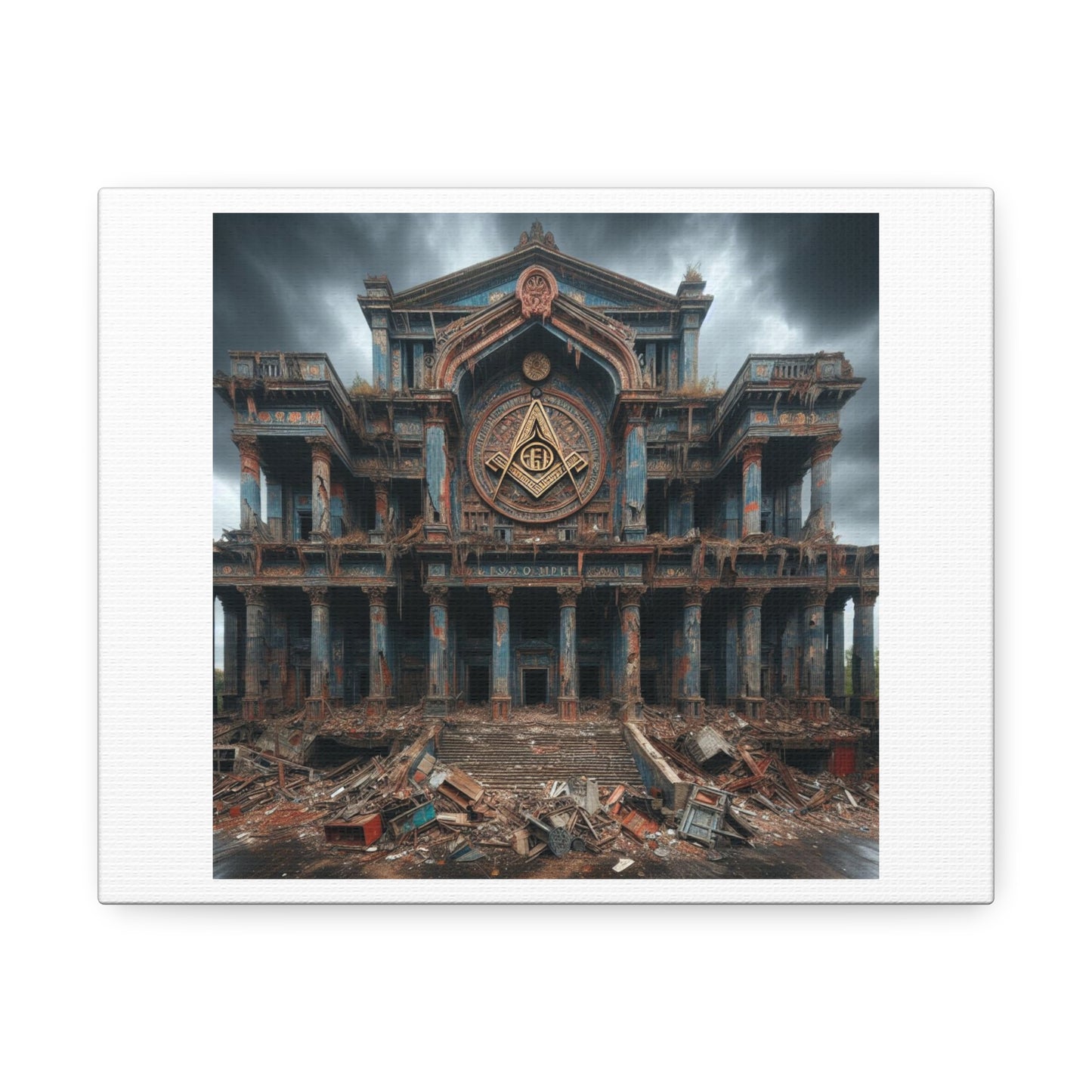 Huge Masonic Hall is Dilapidated and Falling Down, Art Print 'Designed by AI' on Canvas