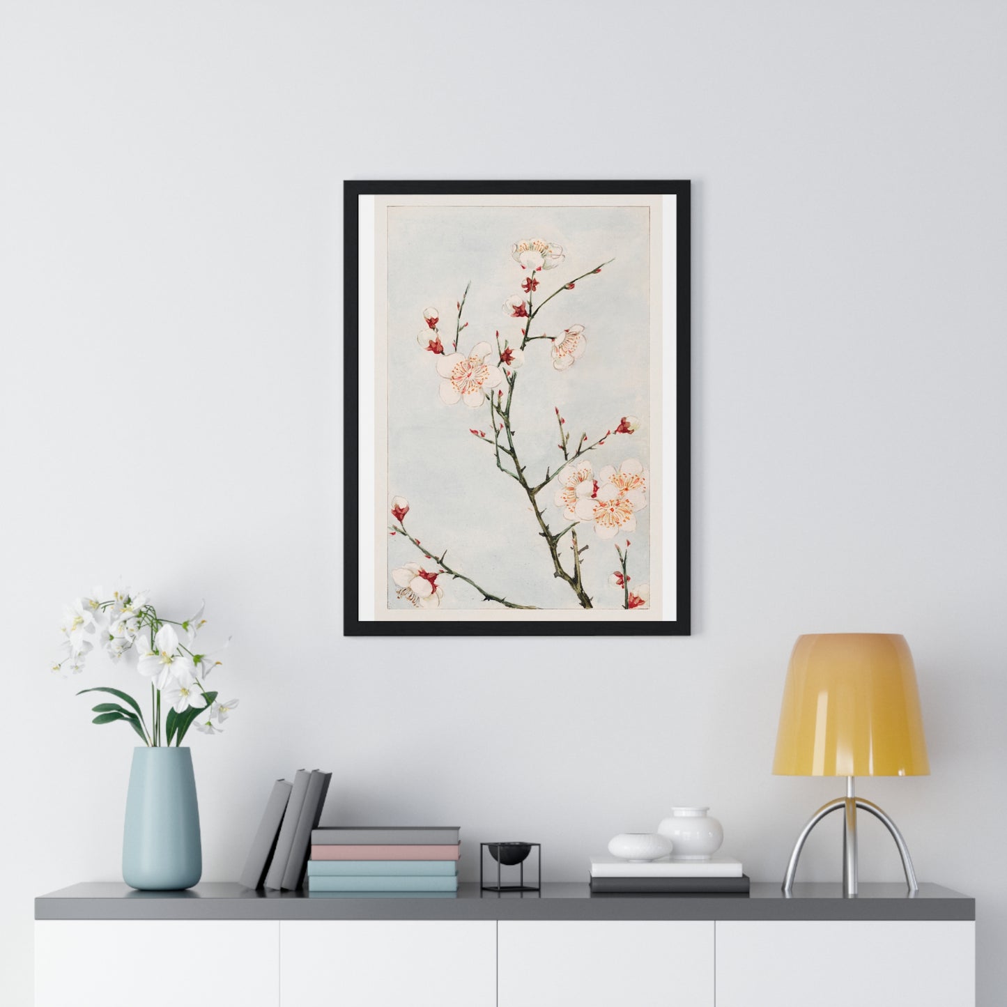 Plum Branches with Blossoms (1870–1880) by Megata Morikaga, from the Original, Framed Art Print