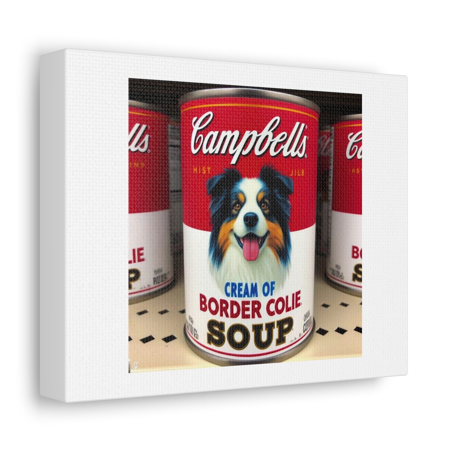 Cream of Border Collie Soup Homage to Andy Warhol Art Print 'Designed by AI' on Satin Canvas