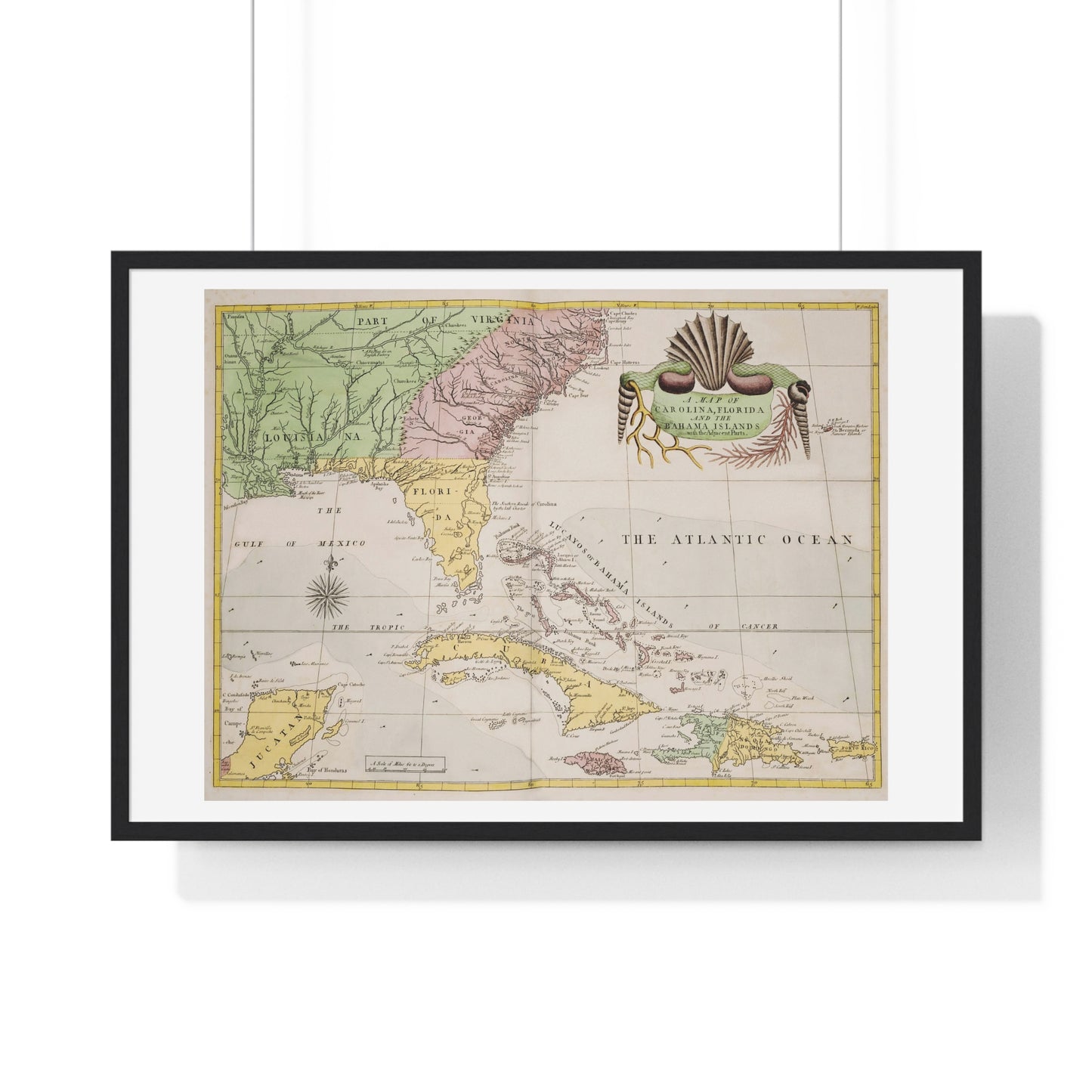 Map of Carolina, Florida and the Bahama Islands with Adjacent Parts from the Natural History of Carolina, Florida, and the Bahama Islands (1754) from the Original, Framed Art Print