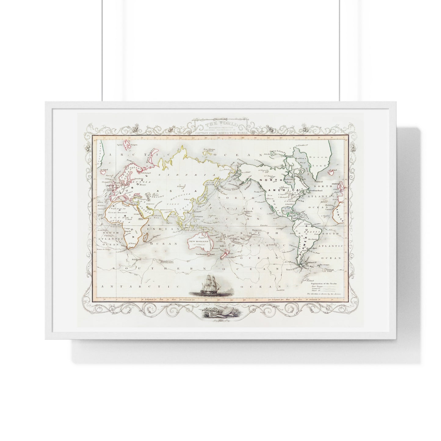 Vintage Map, the Voyages of Captain James Cook (1852) by James Cook, from the Original, Framed Print