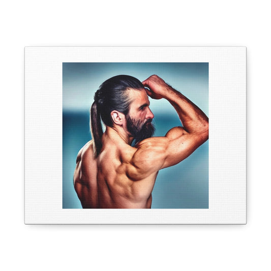 Man With Ponytail Flexing Bicep 'Designed by AI' Art Print on Canvas