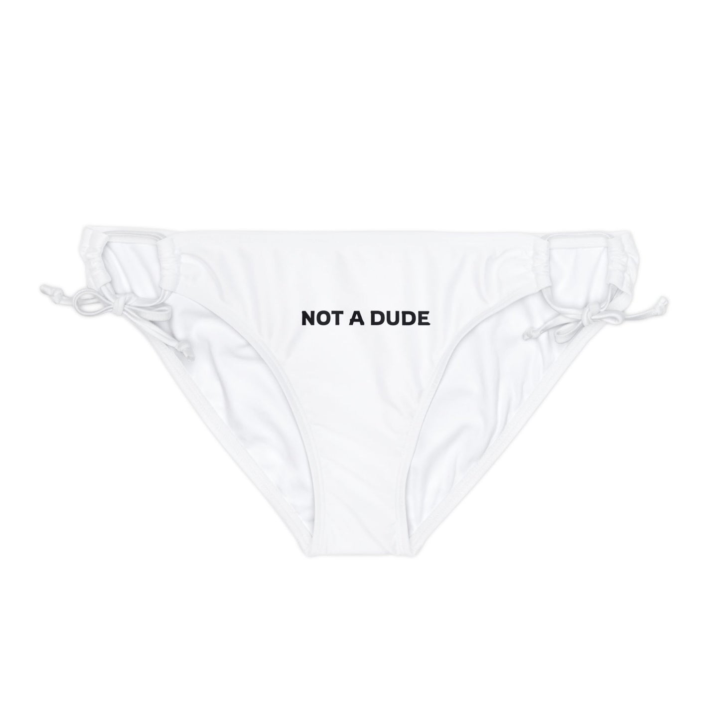 'Not a Dude' Women's White Printed Loop Tie Side Bikini Bottom