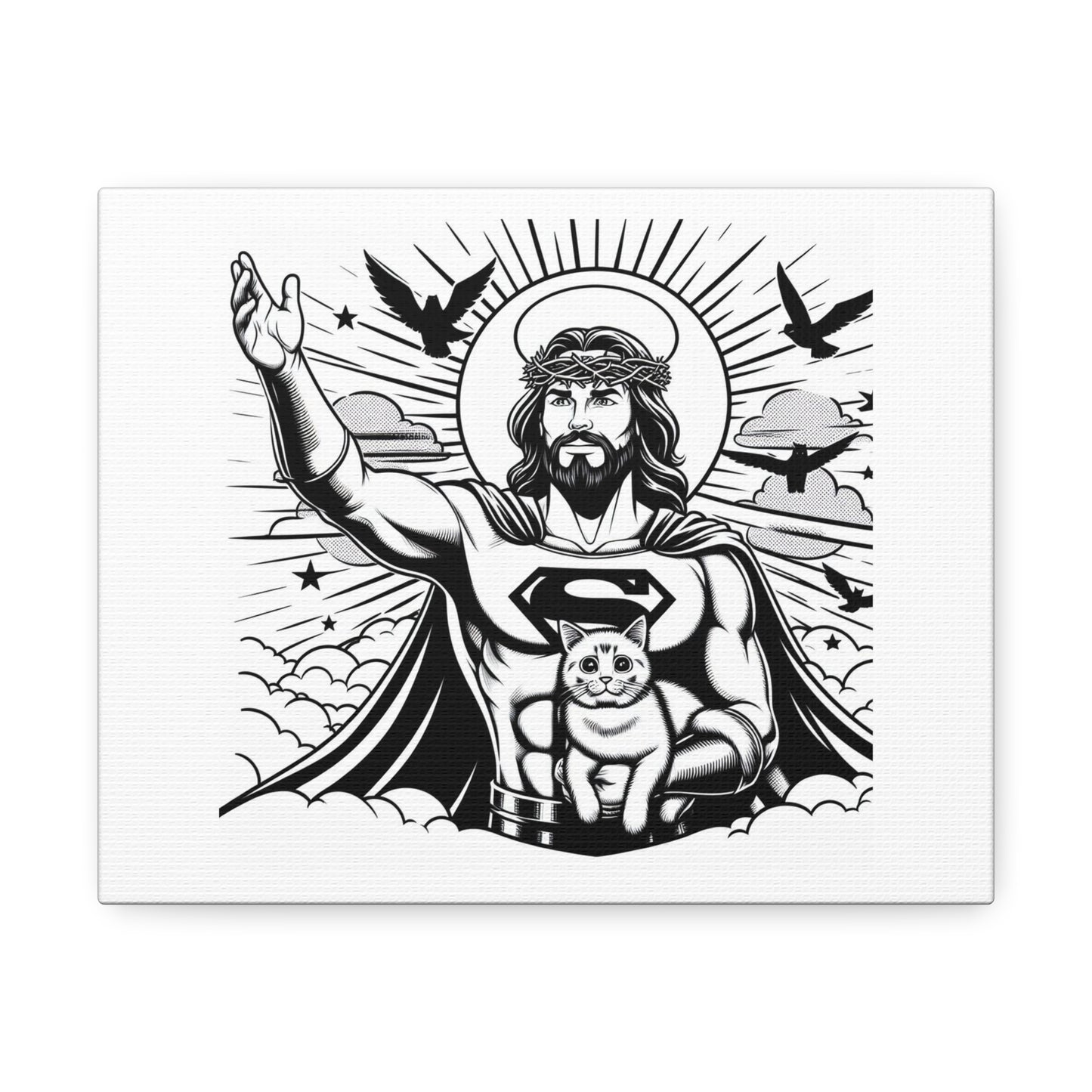 Jesus as a Superhero with a Cat on his Lap, Cartoon Art Print 'Designed by AI' on Canvas