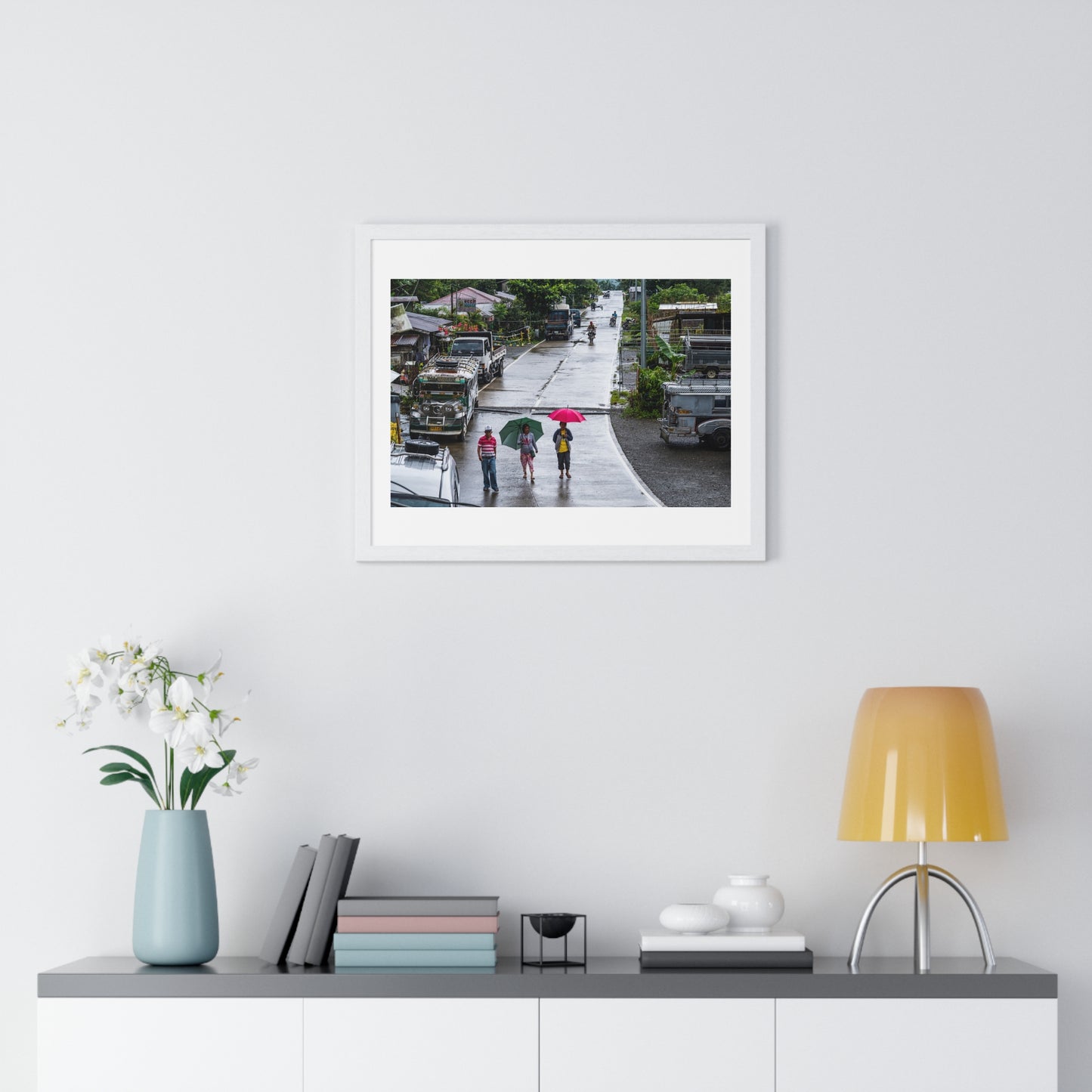 People Walking in the Rain in a Small Village, Nueva Vizcaya, Philippines (2017) Photographic Art, from the Original, Framed Print