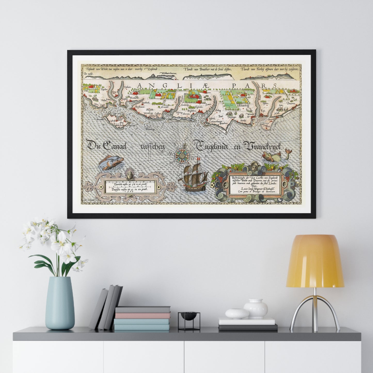 Antique Map of Hampshire and the Isle of Wight 'Kaart van de Zuidengelse Kust Tussen de Isle of Wight en Dover' by Joannes van Doetecum, from the Original, Framed Art Print