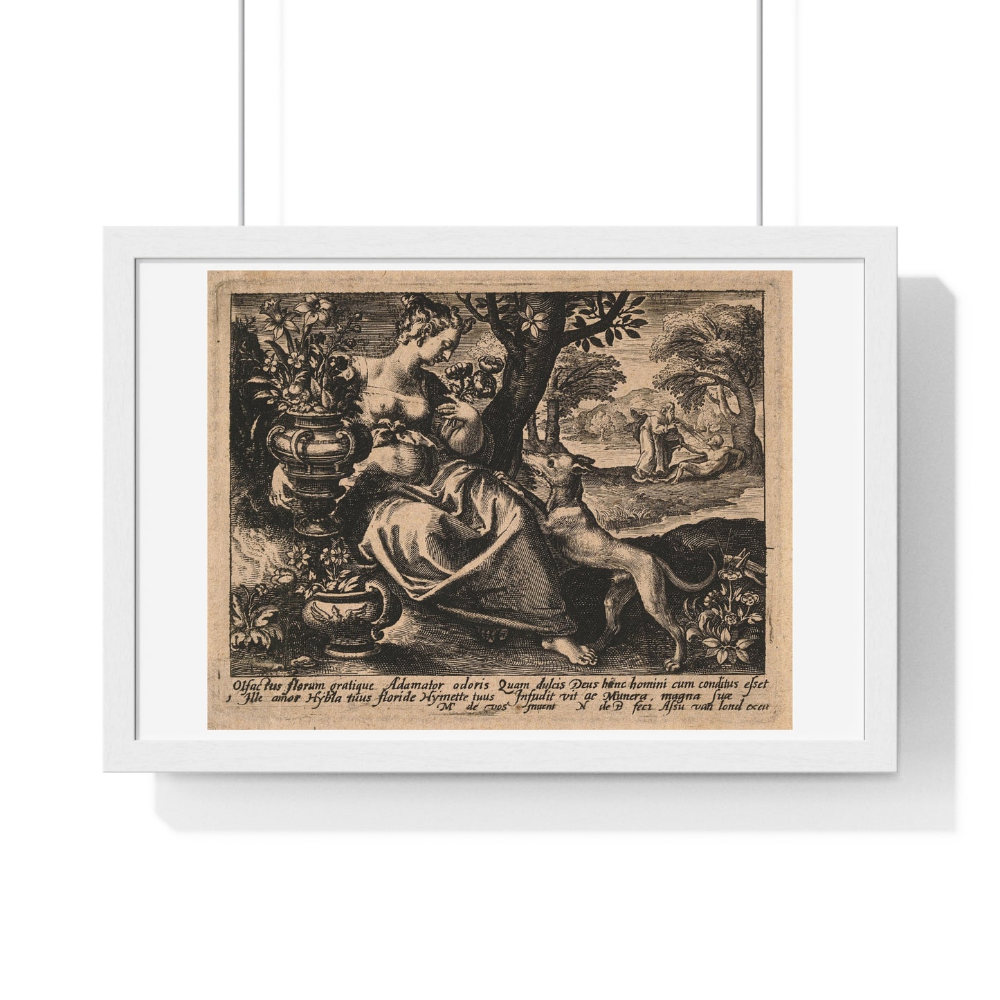 Woman in a Garden with Flowers, God Blows Spirit into Adam's Body, Reproduction Flemish Engraving, Framed Art Print