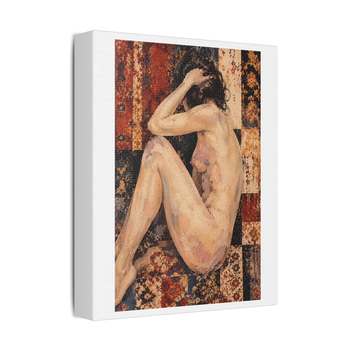 Textured Contemplative Figure Against Ornate Tapestry, Art Print on Satin Canvas, Stretched