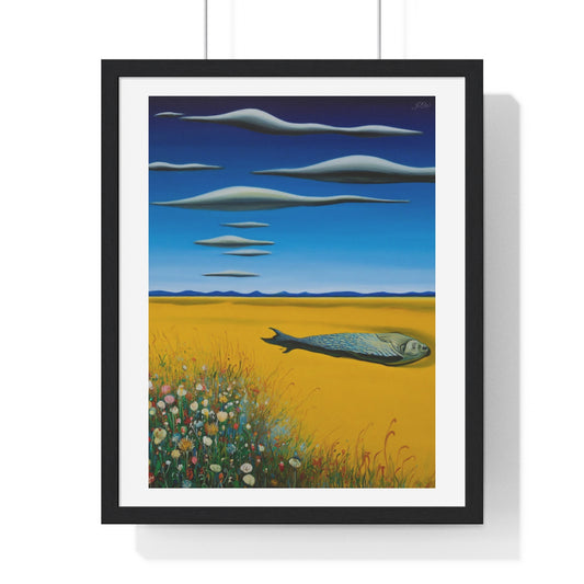 Yellow Meadow with Flowers, Surrealist Art 'Designed by AI' Framed Print