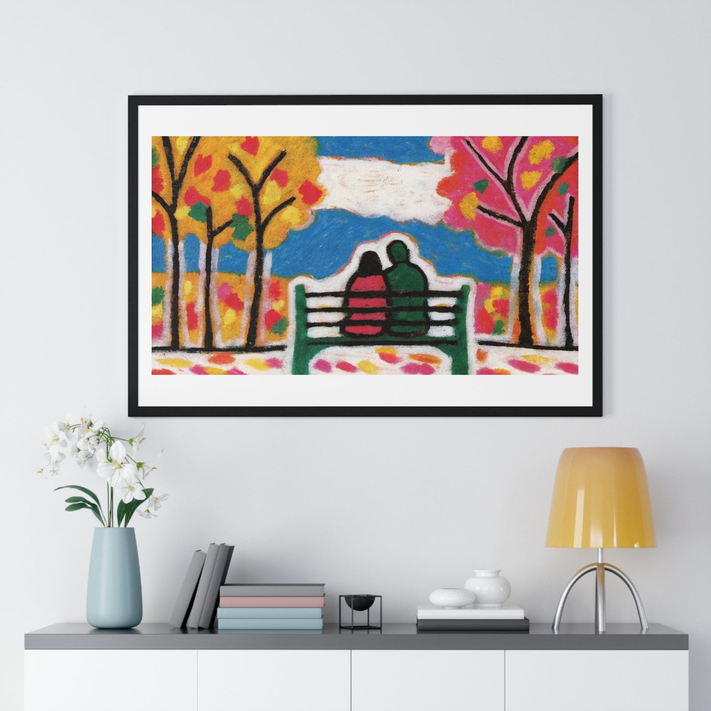 Couple on a Park Bench Fuzzy Felt Art 'Designed by AI' Framed Print