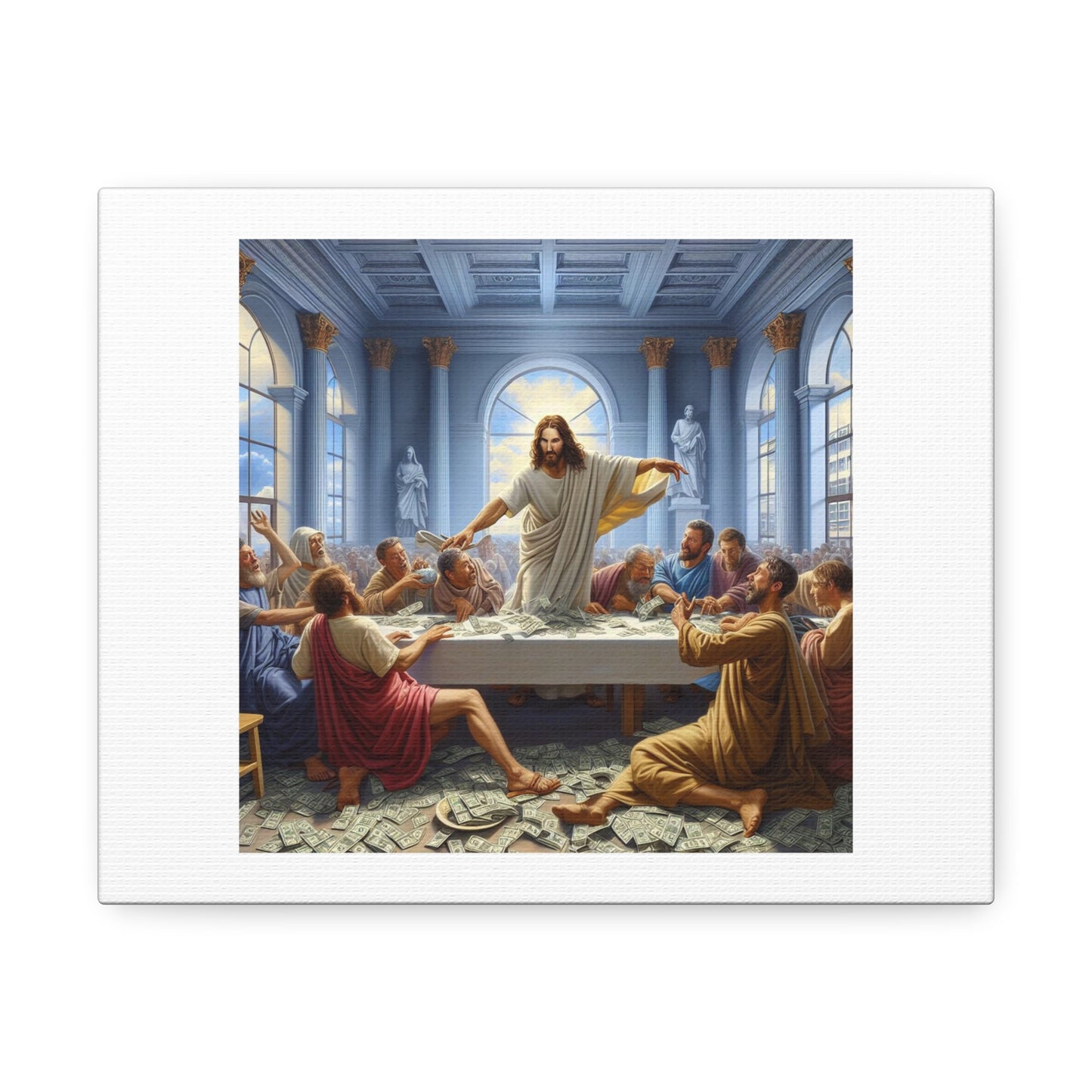 Jesus Overthrowing the Tables of the Money Changers in a Modern Bank, Art Print 'Designed by AI' on Canvas