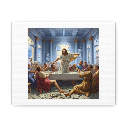 Jesus Overthrowing the Tables of the Money Changers in a Modern Bank, Art Print 'Designed by AI' on Canvas