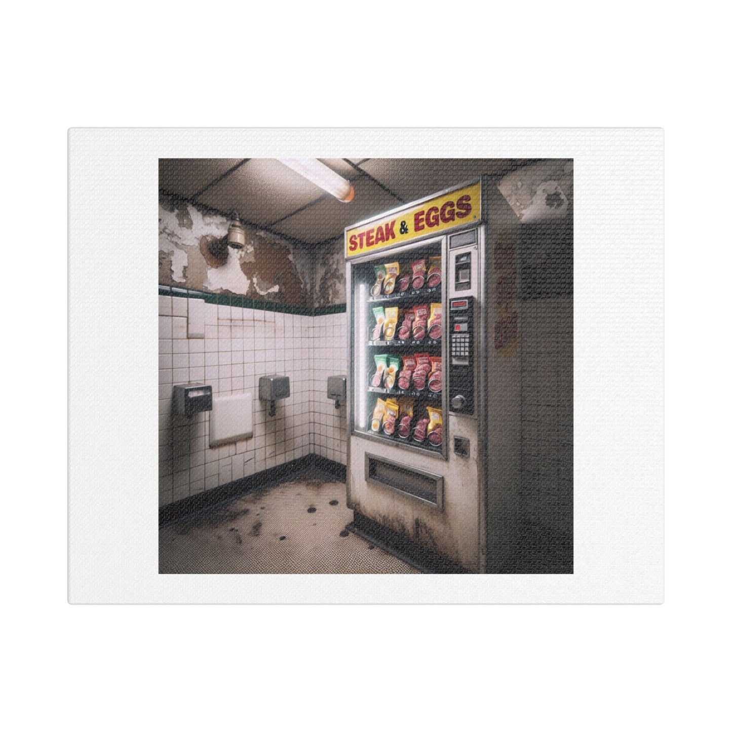 Grimy Bathroom Vending Machine Selling Steak and Eggs 'Designed by AI' Art Print on Canvas