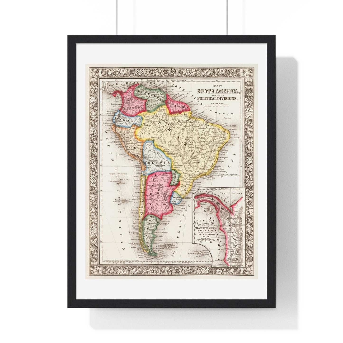 Antique Map of South America, Showing its Political Divisions (1863) by Samuel Augustus Mitchell, from the Original, Framed Art Print