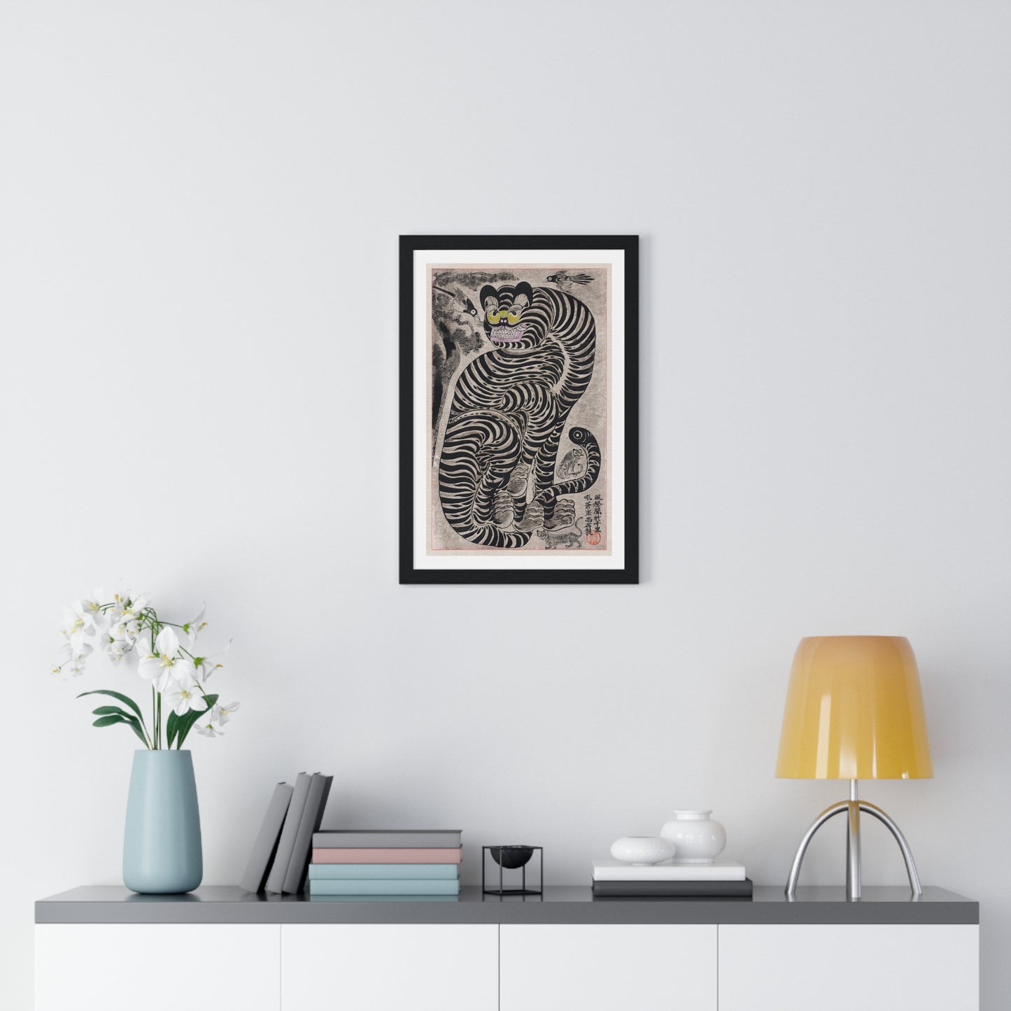 Talismanic Tiger (20th Century) Vintage Japanese Painting, from the Original, Framed Art Print