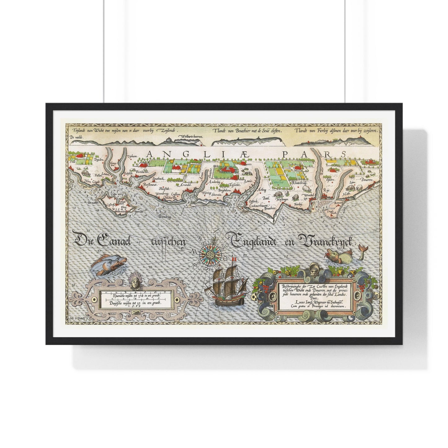 Antique Map of Hampshire and the Isle of Wight 'Kaart van de Zuidengelse Kust Tussen de Isle of Wight en Dover' by Joannes van Doetecum, from the Original, Framed Art Print