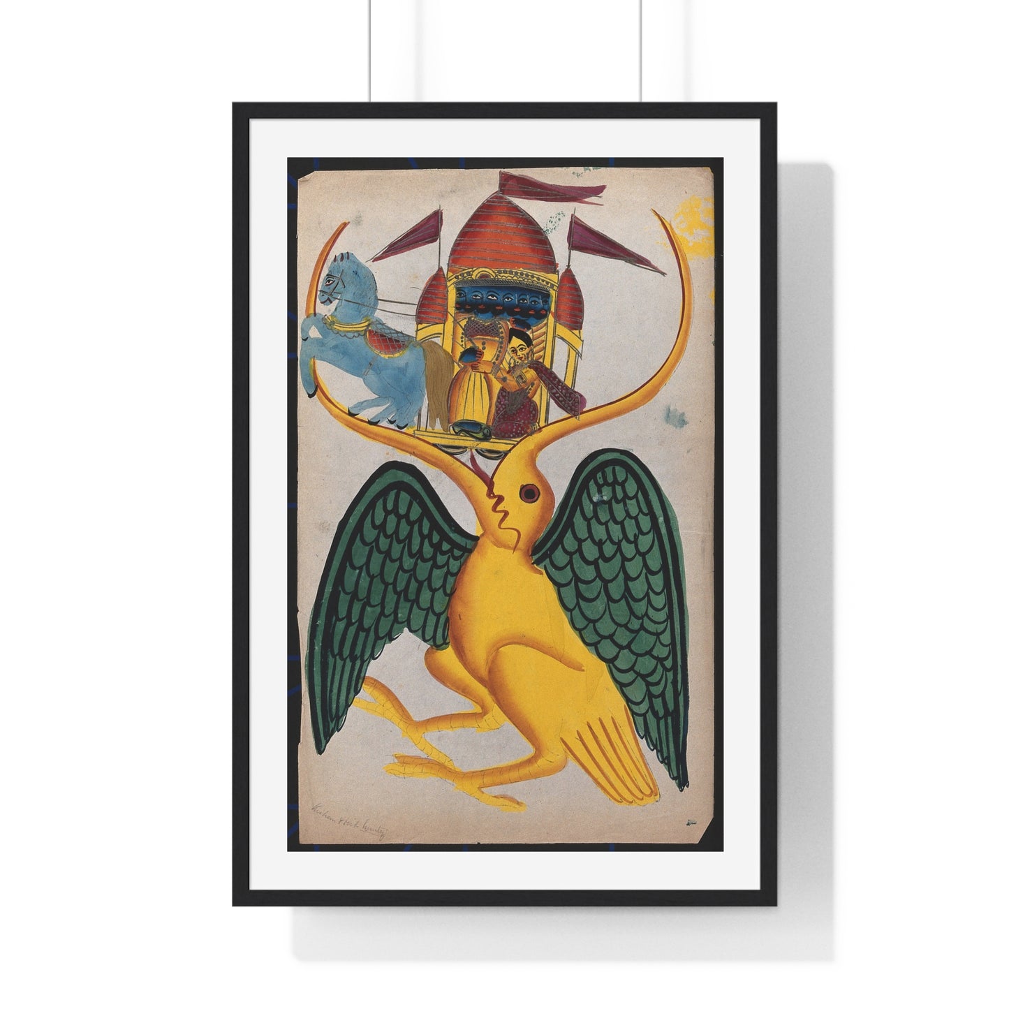 Rāma and Sītā Being Carried in the Beak of Jatayu (circa1880) Indian Watercolour, from the Original, Framed Art Print