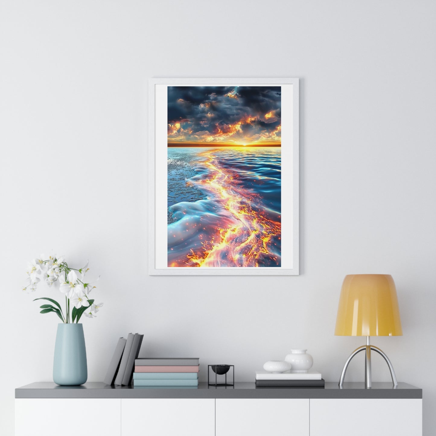 Streaming Fire on the Water, Abstract Art 'Designed by AI' Framed Print