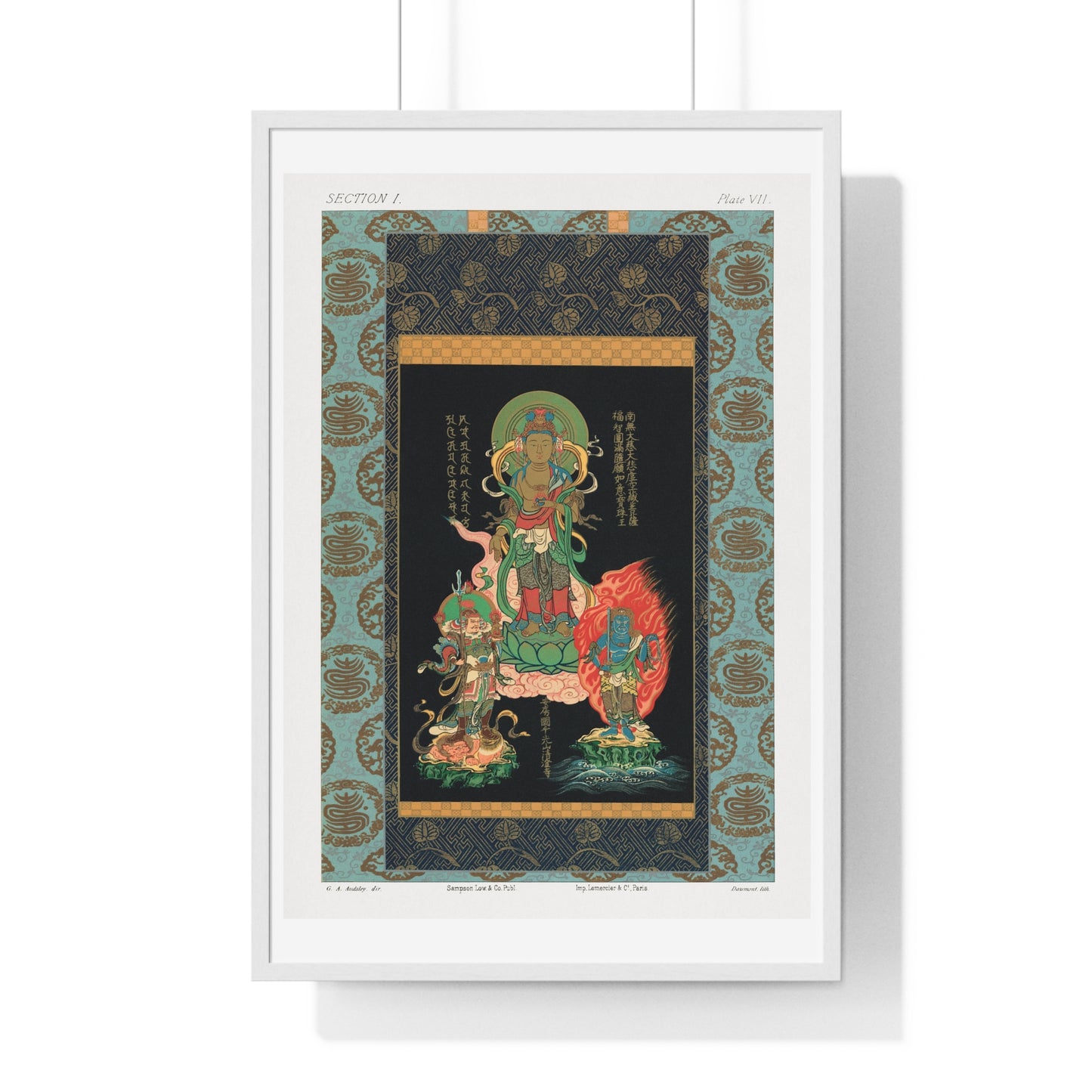 Bodhisattva and Two Gods, Vintage Japanese Painting by George Ashdown Audsley, from the Original, Framed Print