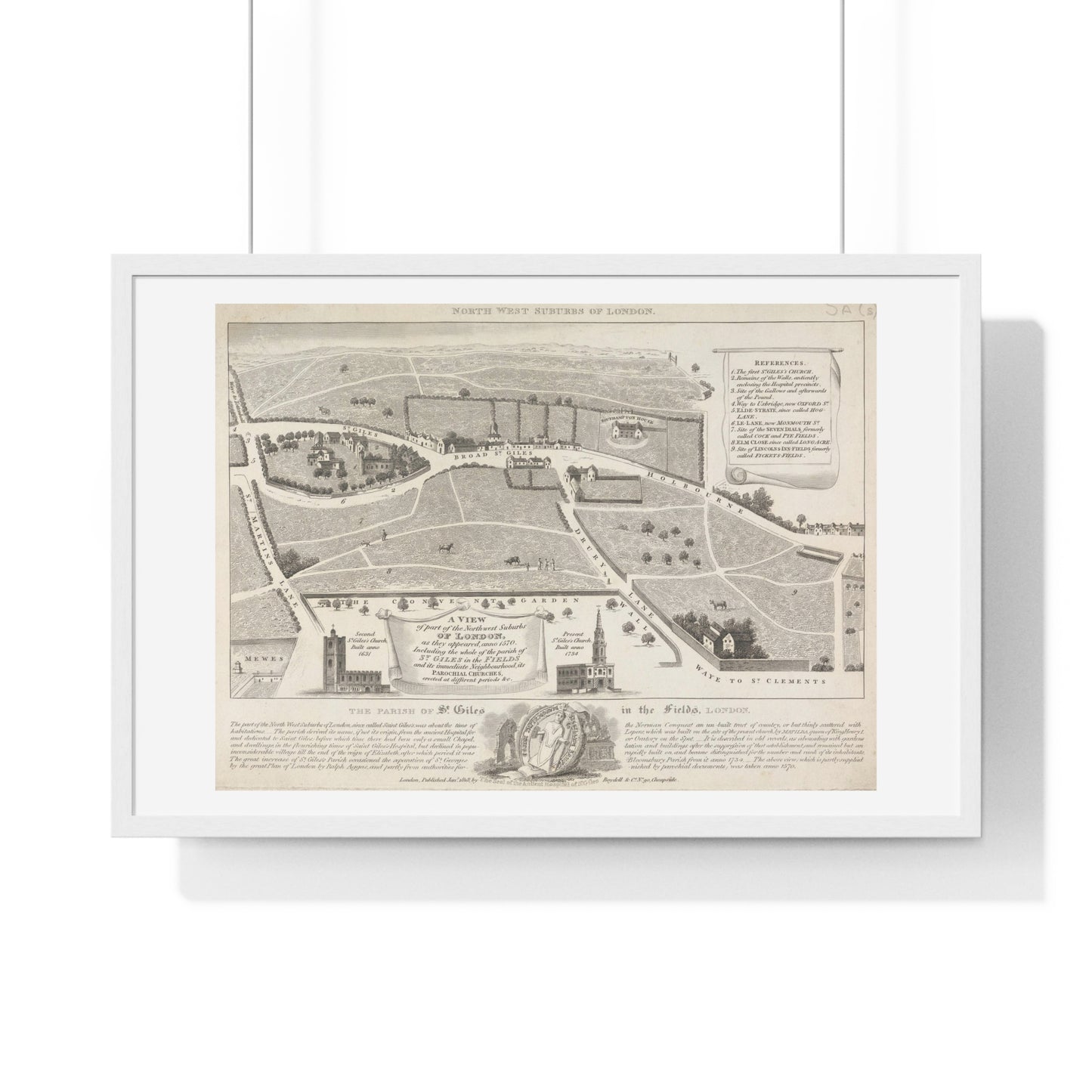 Antique Map of the Parish of St Giles in the Fields, London (1818), from the Original, Framed Art Print