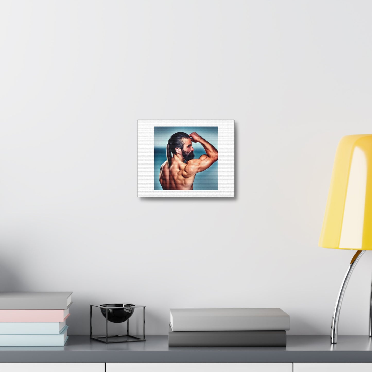 Man With Ponytail Flexing Bicep 'Designed by AI' Art Print on Canvas