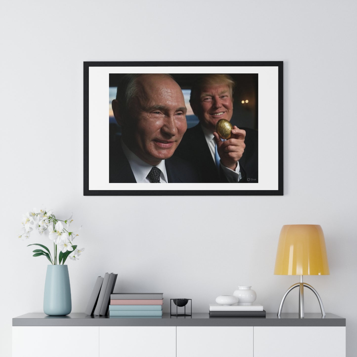 Putin, Trump and the Legend of the Golden Egg, Abstract Art 'Designed by AI' Framed Print