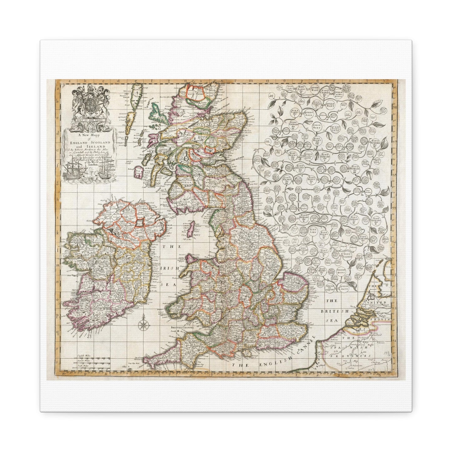 Antique Map of England Scotland and Ireland (1687) drawn by Robert Morden Art Print from the Original on Satin Canvas