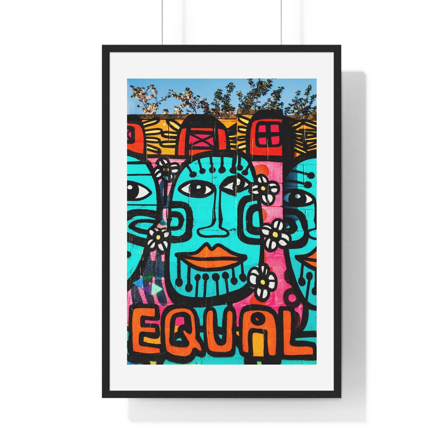 Brightly Coloured Urban Graffiti Mural Artwork, Tribal Faces (2017) Location Unknown, Framed Art Print