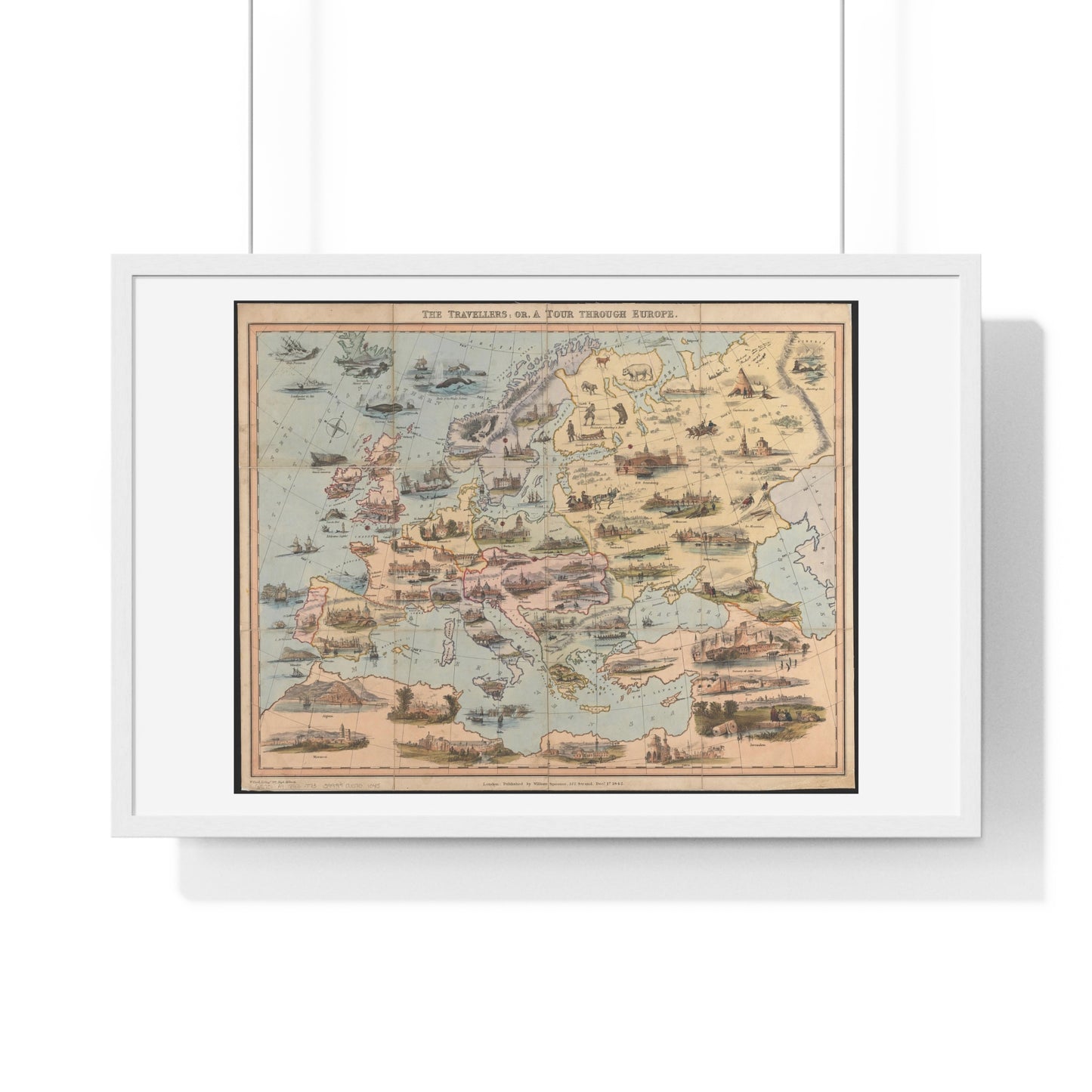 Map of the World 'The Travellers or a Tour Through Europe' (1842) by William Spooner, from the Original, Framed Art Print