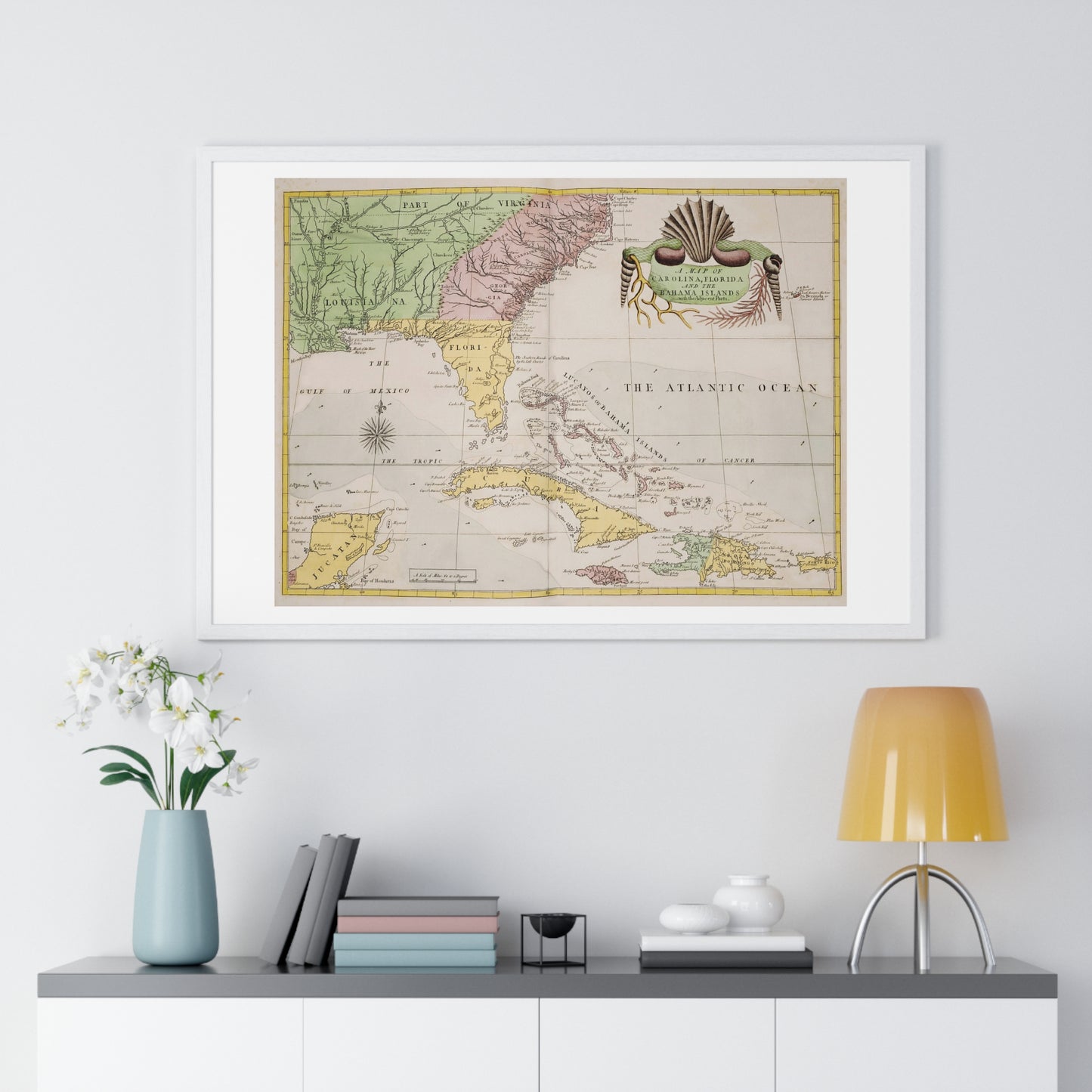 Map of Carolina, Florida and the Bahama Islands with Adjacent Parts from the Natural History of Carolina, Florida, and the Bahama Islands (1754) from the Original, Framed Art Print