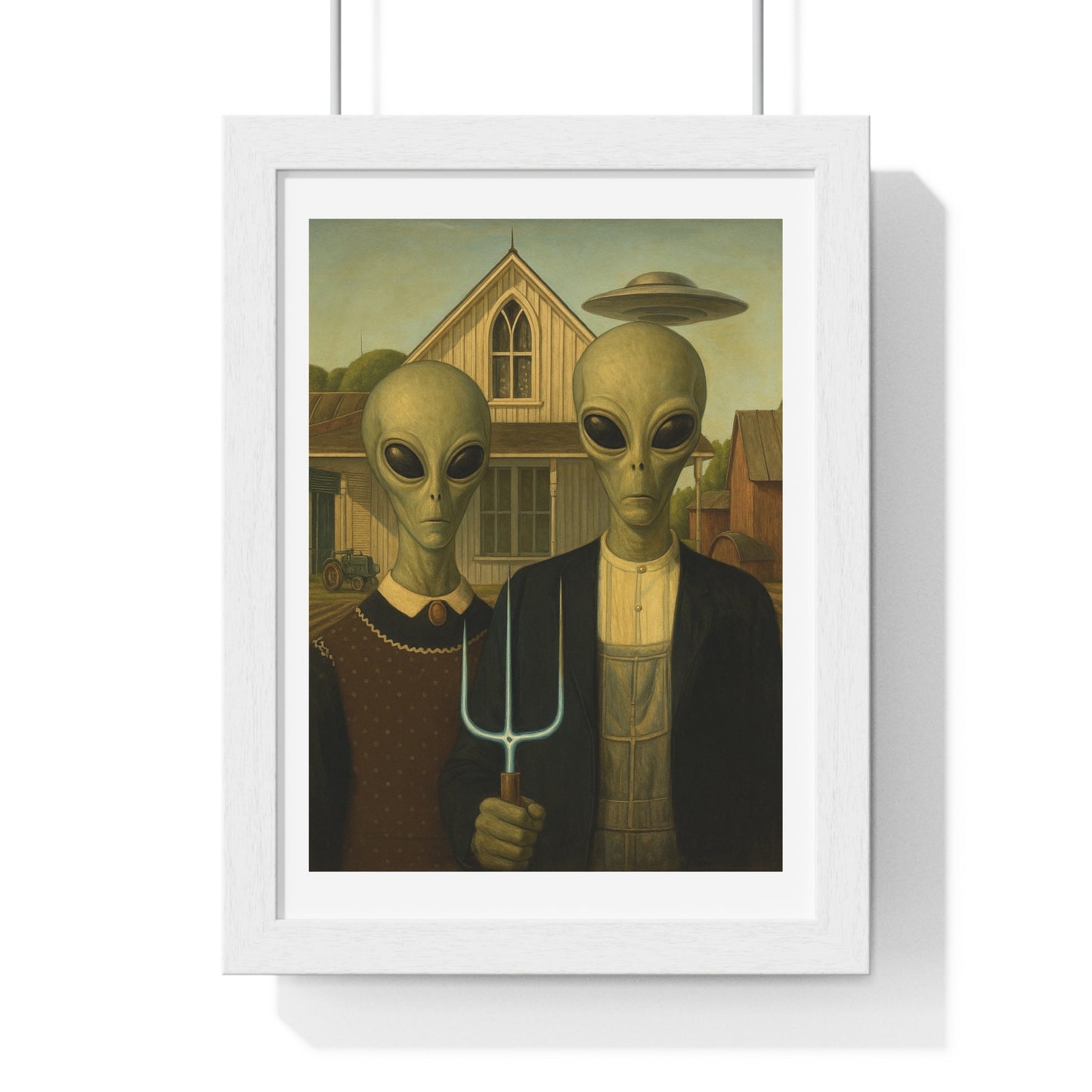 American Gothic Remixed, Midwestern American Aliens 'Designed by AI', Framed Art Print