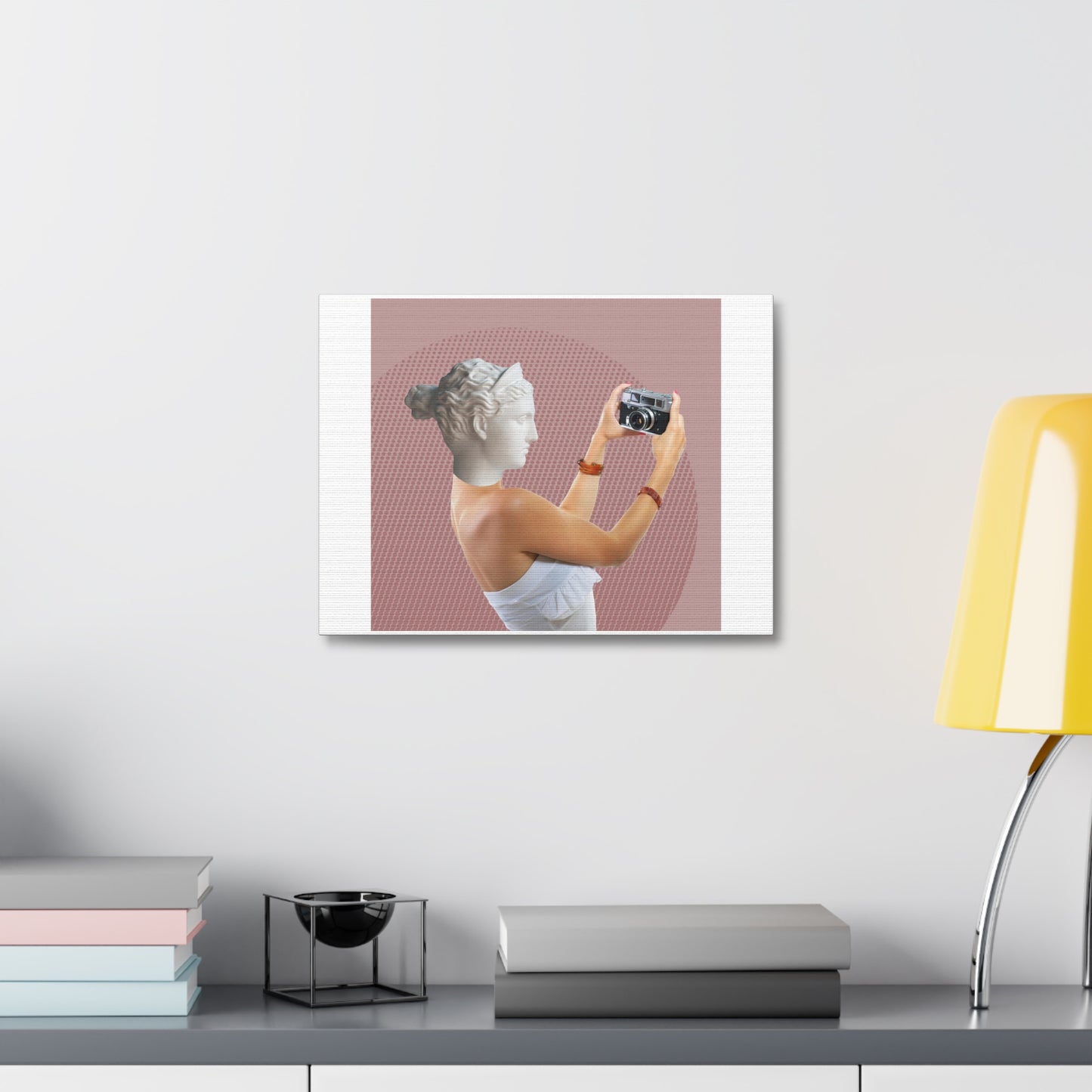 Human Statue Selfie, Graphic Art Print on Satin Canvas