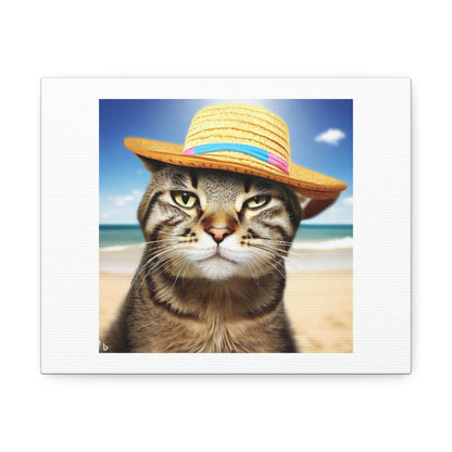 Tabby Cat Getting a Sun Tan, Beach, Funny Hat digital art 'Designed by AI' on Canvas