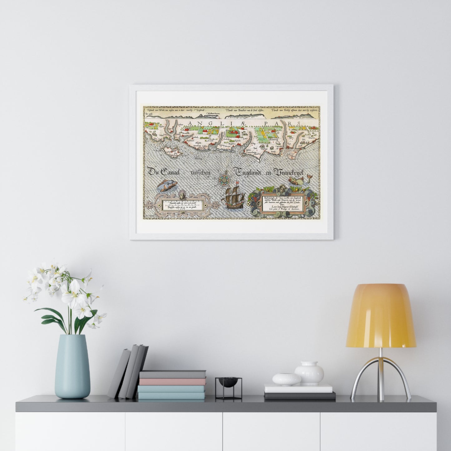 Antique Map of Hampshire and the Isle of Wight 'Kaart van de Zuidengelse Kust Tussen de Isle of Wight en Dover' by Joannes van Doetecum, from the Original, Framed Art Print