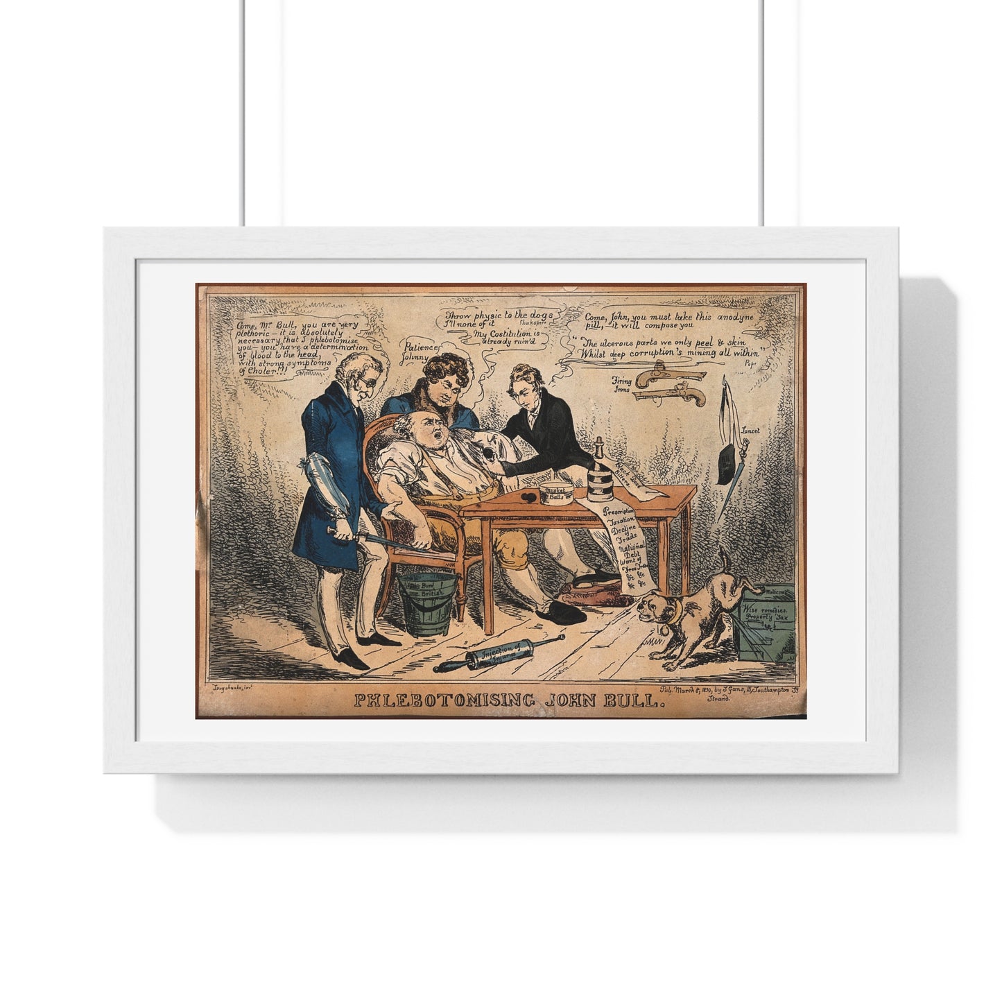 John Bull About to be Bled by Three Doctors, Representing Britain's Budget Manipulated by the Cabinet (1830) by John Phillips, from the Original, Framed Print