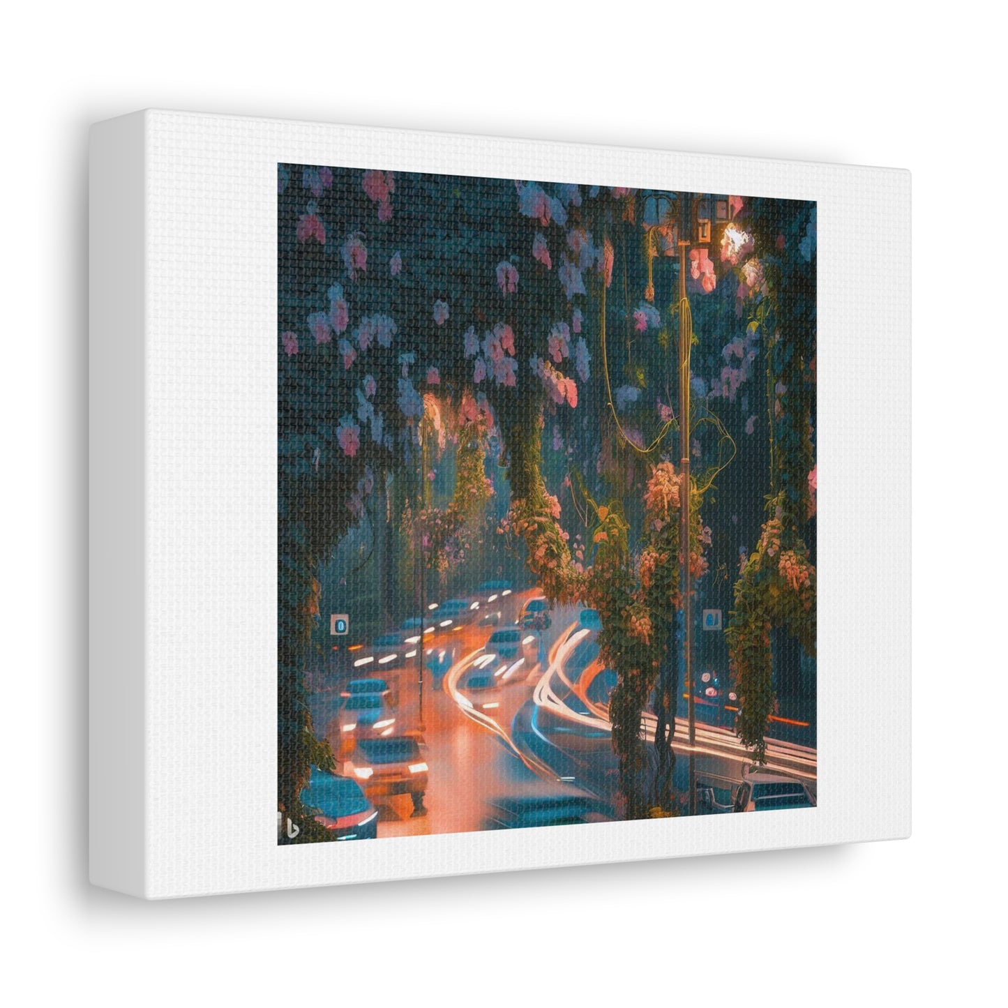 Flowering Vines Entangling a Bustling City With Streetlights and Cars 'Designed by AI' Print on Satin Canvas