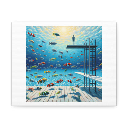 Fish in a Swimming Pool, David Hockney Style Acrylic Art Print 'Designed by AI' on Canvas