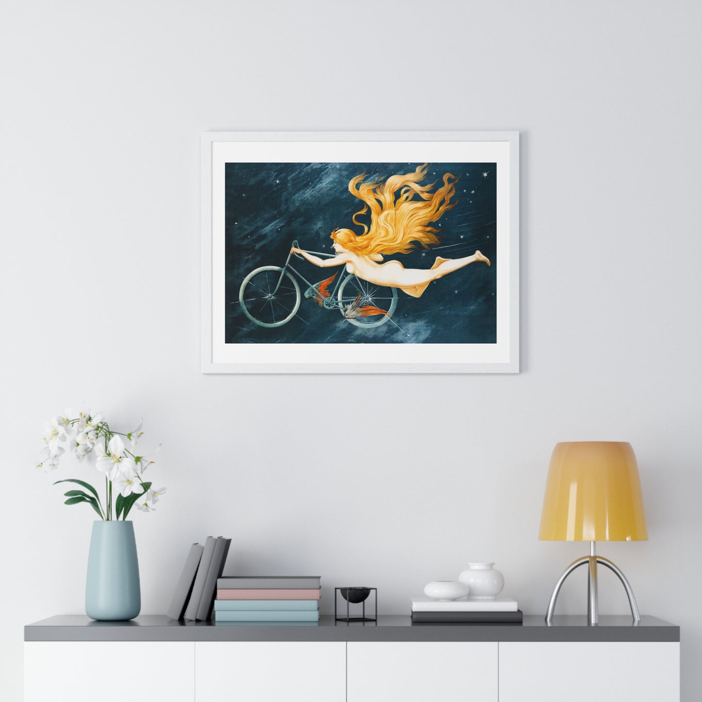 With Pedal Power My Bike Takes Flight into the Boundless Light! III 'Designed by AI' Framed Art Print