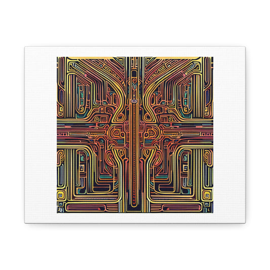 Illustrated Gaelic City Folk Art Symmetrical Dystopia 'Designed by AI' Print on Satin Canvas