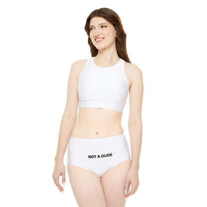 'Not a Dude' Printed Women's White Sporty Bikini Set