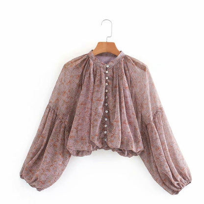 Women's Retro Print Puff Sleeve Short Blouse