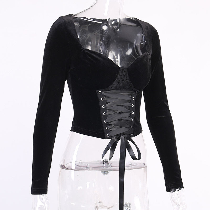 Gothic Dark Velvet Women's Tie-Up Long Sleeve Top