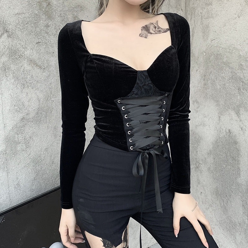 Gothic Dark Velvet Women's Tie-Up Long Sleeve Top