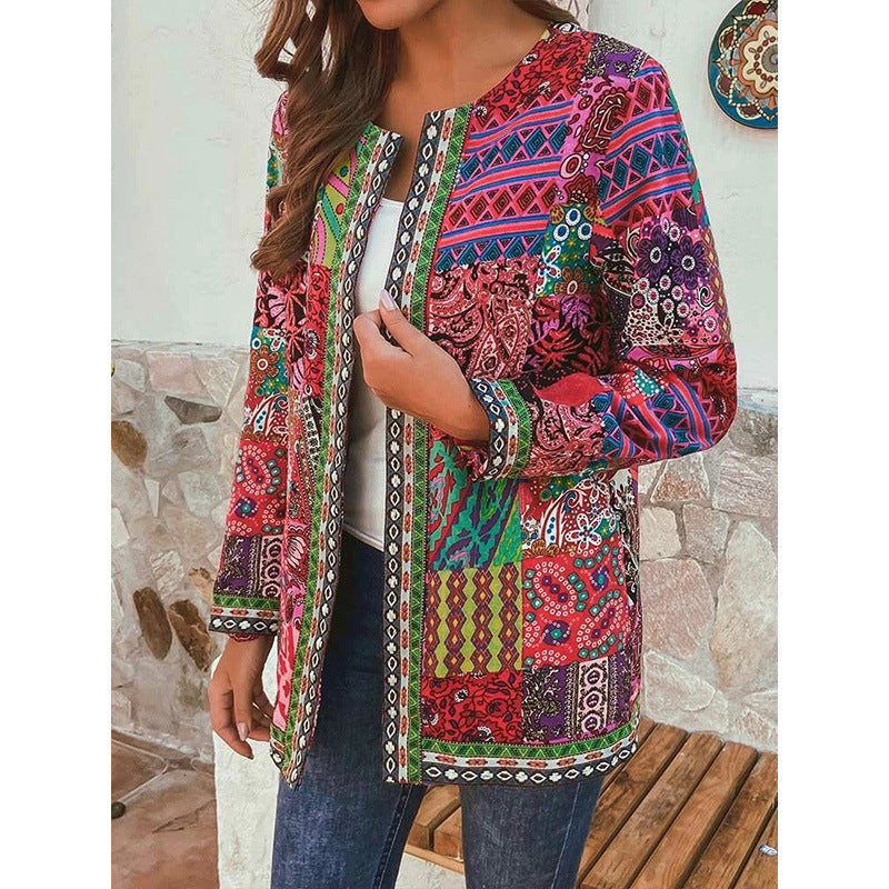 Women's Retro Ethnic Print Long-Sleeve Midi Jacket