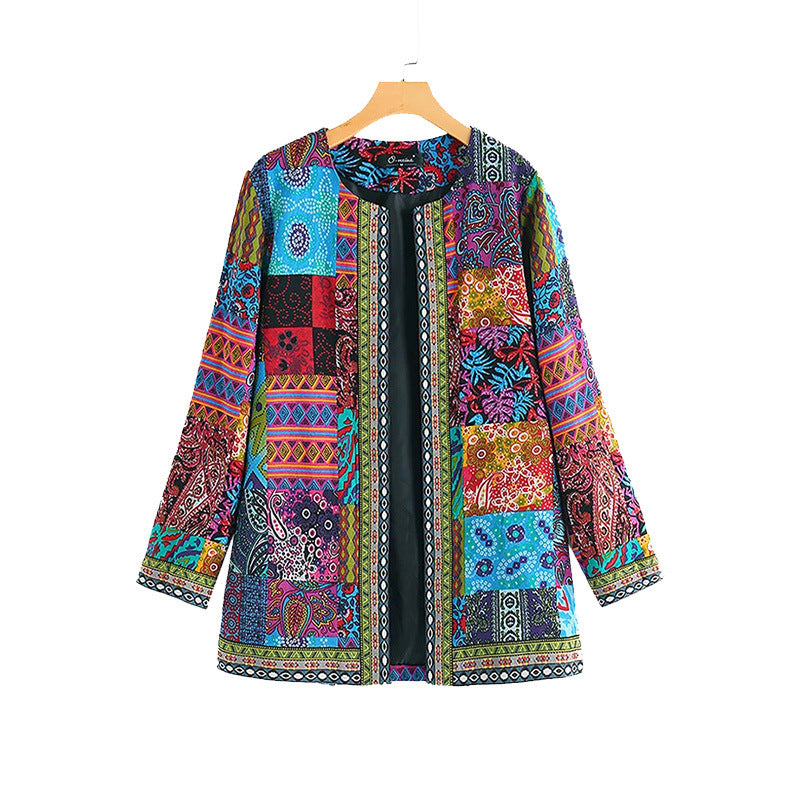 Women's Retro Ethnic Print Long-Sleeve Midi Jacket