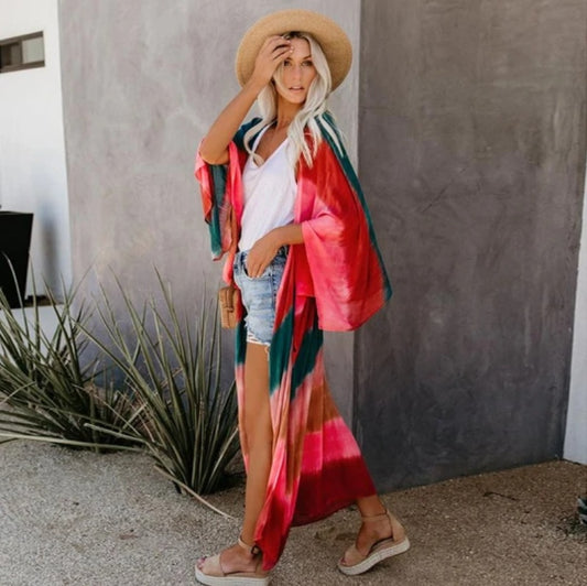 Extra-Long Loose Beach Sunscreen Tie-Dye Cardigan Jacket