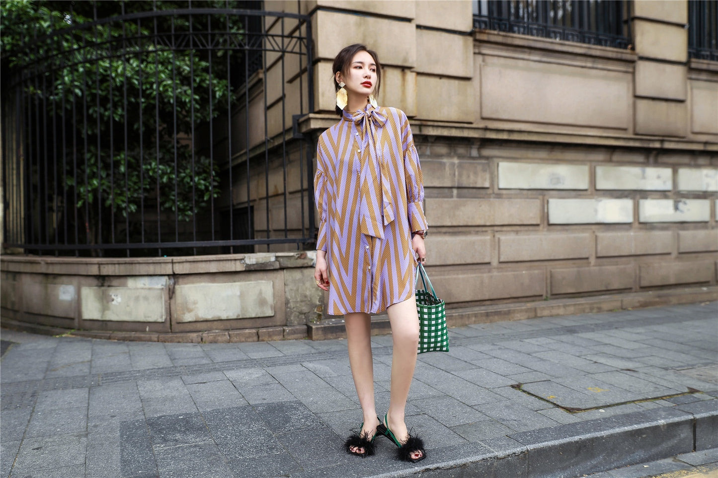 Retro Diamond Check Colour Scarf-Collar Shirt Dress